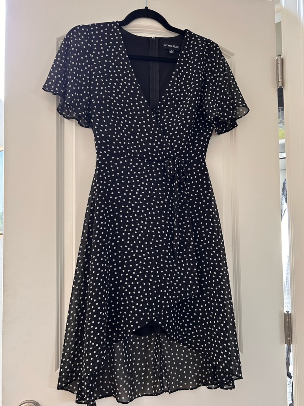 My Michelle Polka Dot Faux Wrap Skater Dress. Flutter Sleeve. Feminine. Retro. - Picture 1 of 12